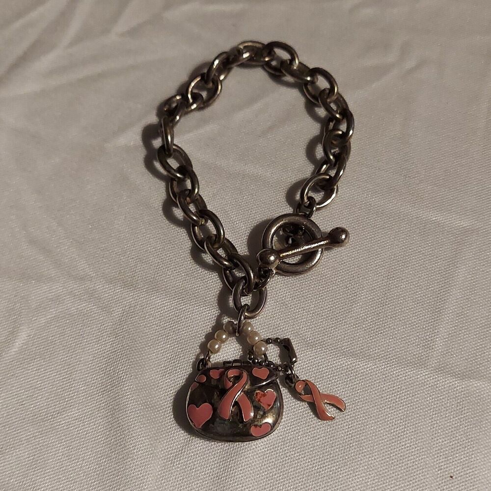 Breast Cancer Awareness Chain Purse Charm Bracelet